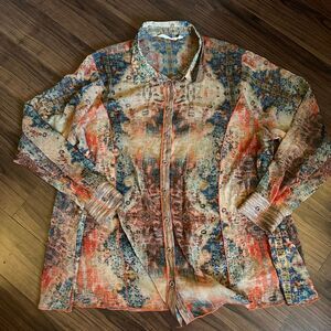 Soft Surroundings sheer watercolor geometric print button-up blouse 2x